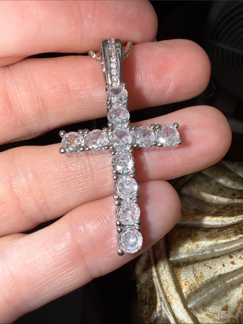 Silver Cross Pendant Moissanite Diamonds Necklace 18-20” adj NEW